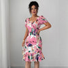 Womens Retro Square-Neck Puff-Sleeve Waist-Cinching Ruffle-Trim Dress