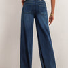 Shascullfites Mid Waist Wide Leg Jeans For Women Stretch Dark Blue Denim Casual Loose Fit Full Length Trousers With Pockets