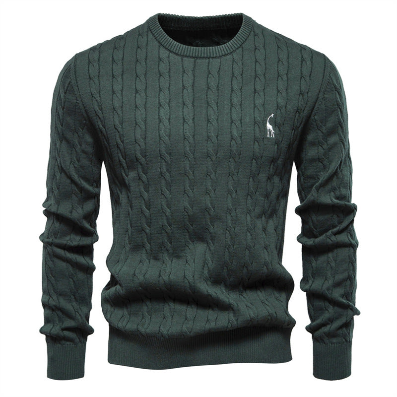 Maglione a Tinta Unita Ricamato in Maglia con Motivo Cervo