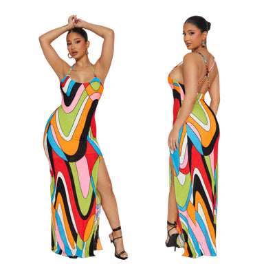 Neck-hanging Rainbow-print Dress For Women
