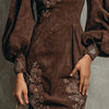 Boho Brown Puff Sleeve Floral Embroidered Suede Mini Dress