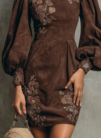 Boho Brown Puff Sleeve Floral Embroidered Suede Mini Dress