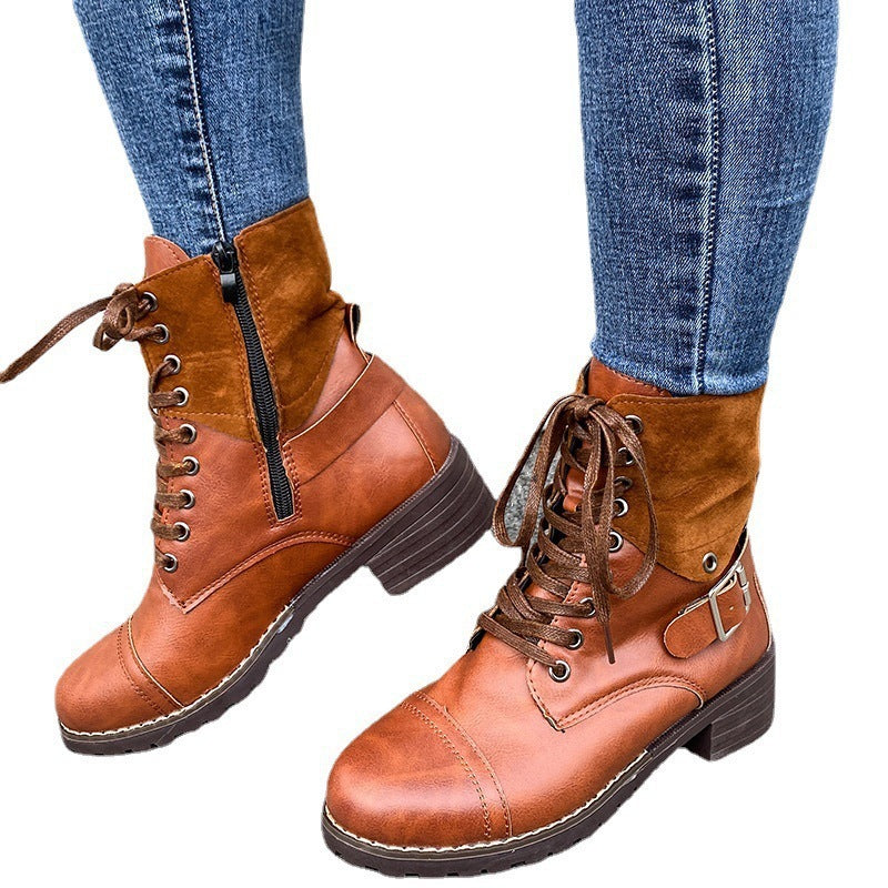 Couple Round Toe Martin Boots Chunky Heel Lace-up