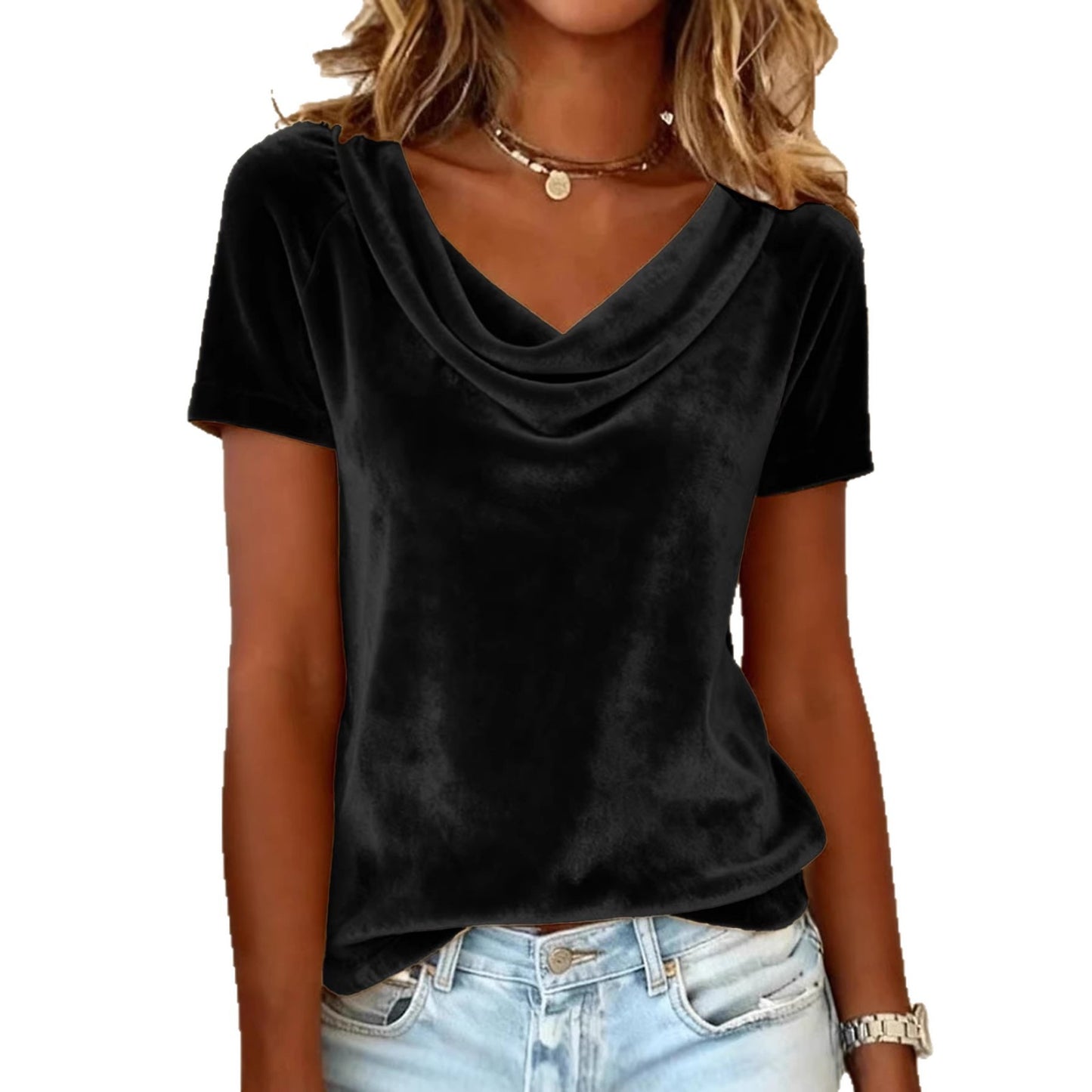 Nuova T-shirt in velluto sexy a maniche corte, girocollo, tinta unita