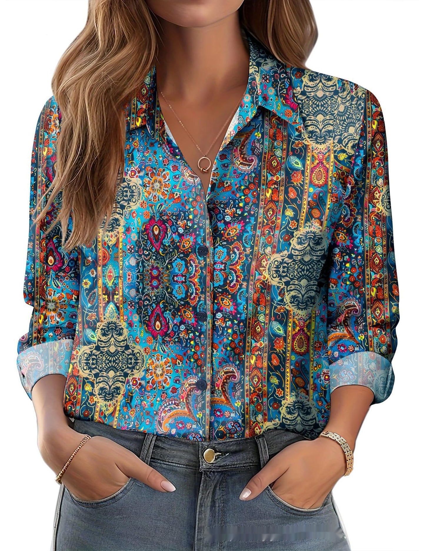 Womens 3D-printed Floral Loose-fit Blouse