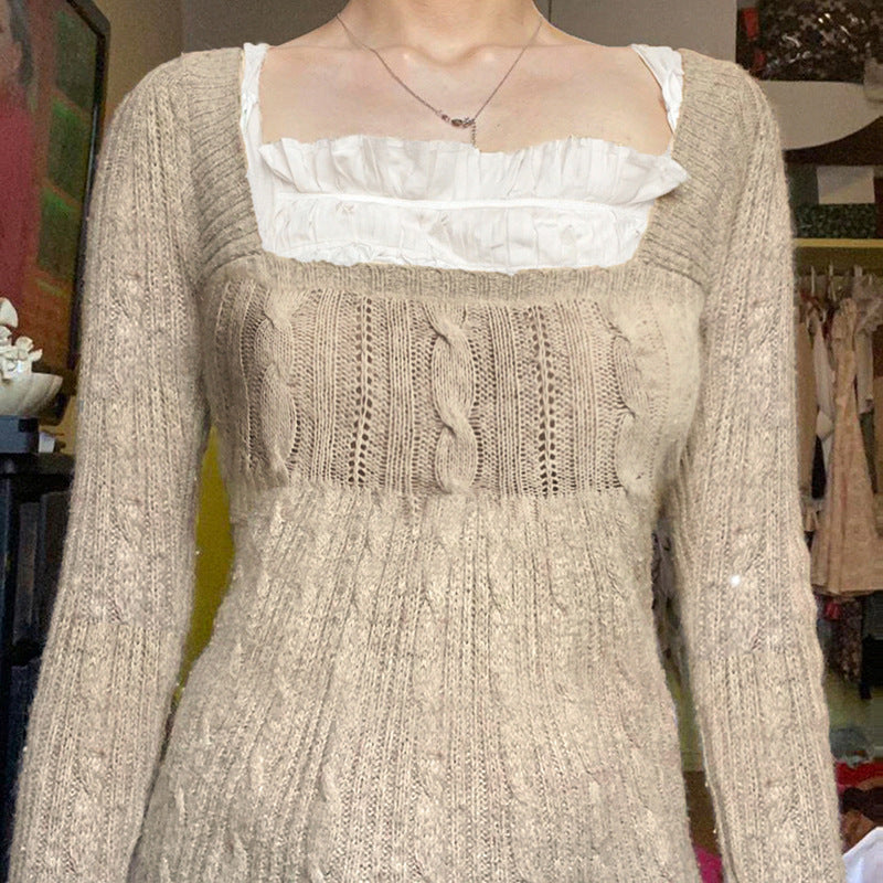 Maglione retrò con colletto basso e colletto quadrato, color kaki ritorto