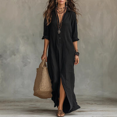 Casual Solid-color Lapel-front Slit Maxi Dress