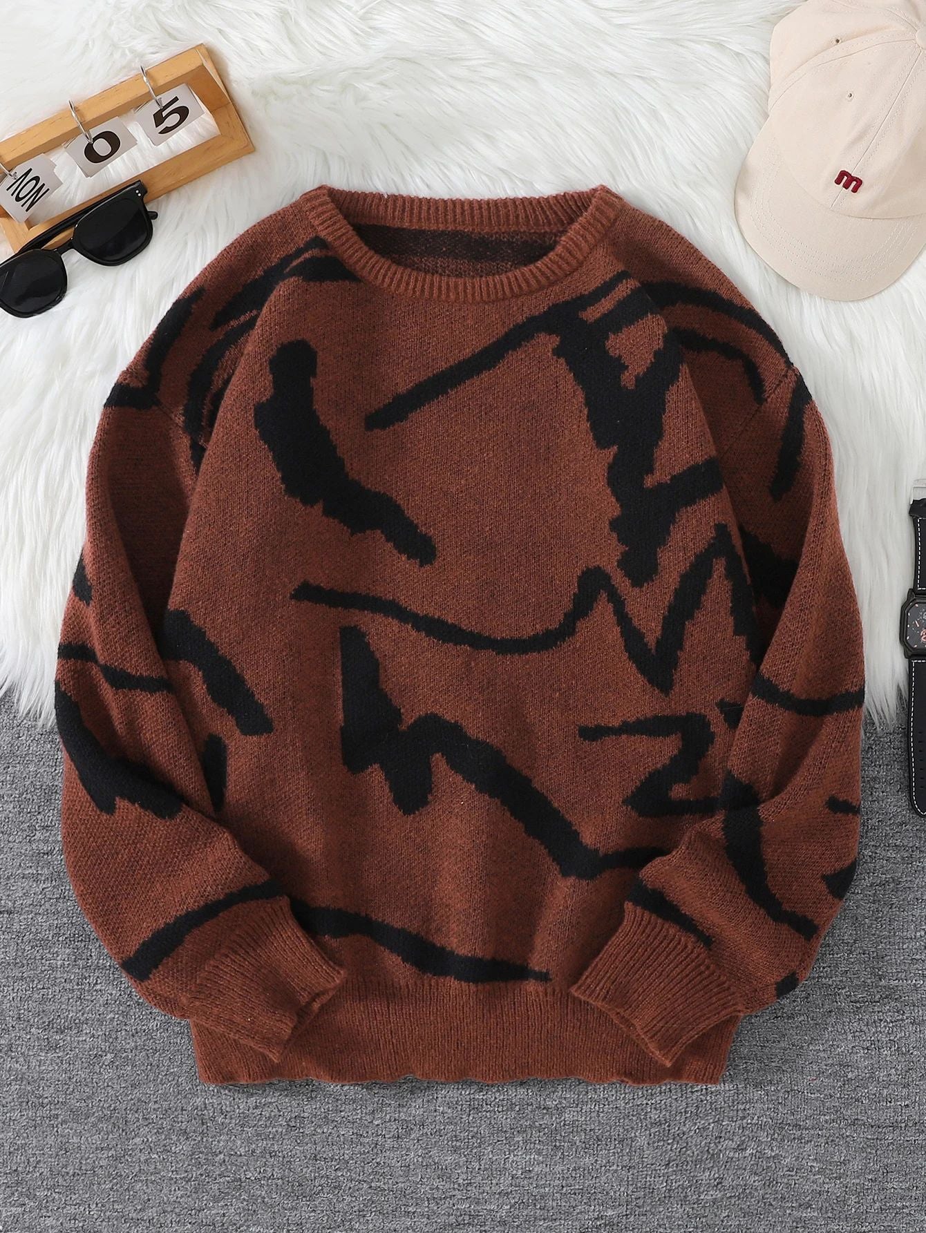 Pullover in jacquard con graffiti, popolare in primavera e autunno