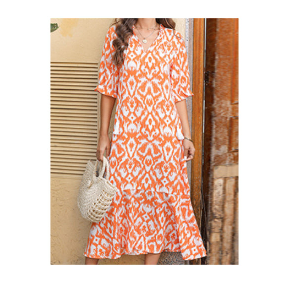 Loose V-neck Printed Tassel Mid-sleeve Long Dress
