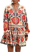 Floral Print Short Bohemian Beach Long Sleeve Button-down Flowy Blouse Dress