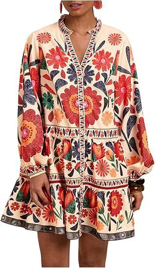 Floral Print Short Bohemian Beach Long Sleeve Button-down Flowy Blouse Dress