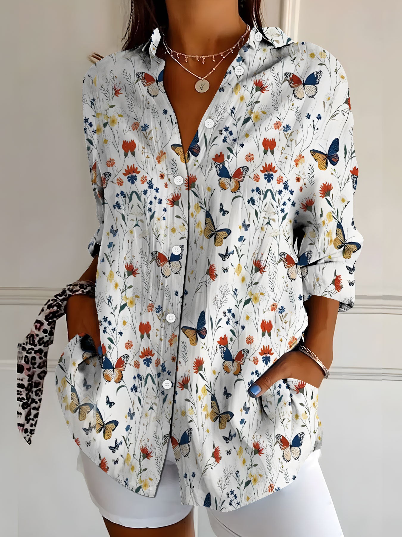 Camicia da donna a maniche lunghe, stampa floreale retrò ed elegante
