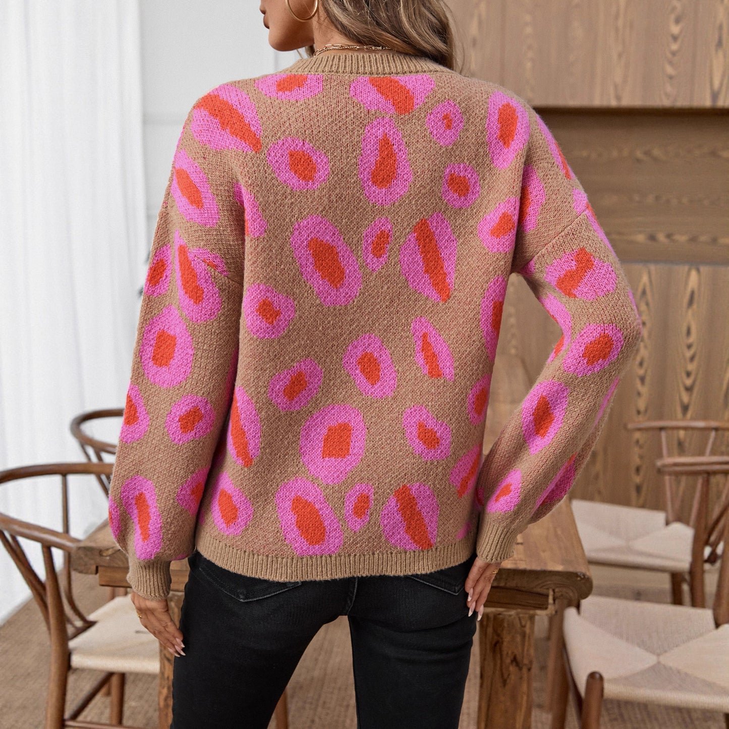 Women's Leopard Pattern Jacquard Knitted Sweater