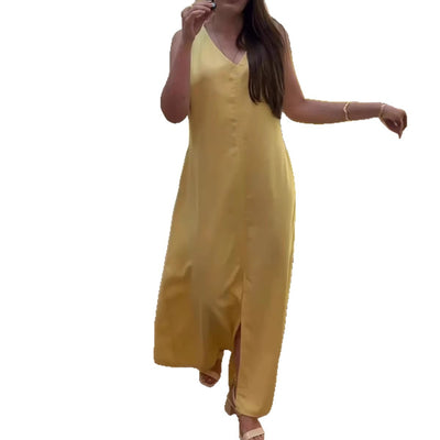 Womens Solid Color V Neck Sleeveless Casual Loose Cotton Linen Dress