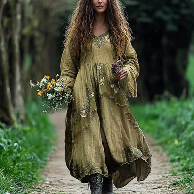 Womens 3D-printed Long-sleeve V-neck Dress