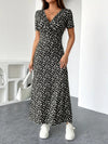 Womens Short-Sleeve Mid-Length Floral V-Neck Dress