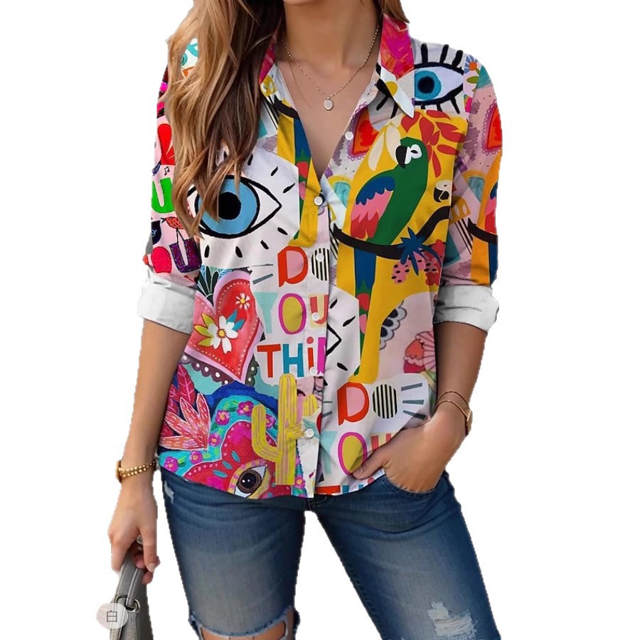 Camicia da donna a maniche lunghe stampata con risvolto