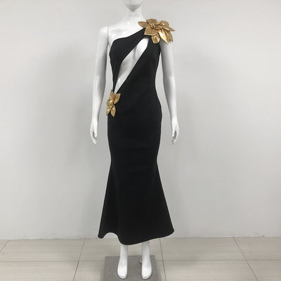 Abito lungo a fascia con fiori dorati slim-fit