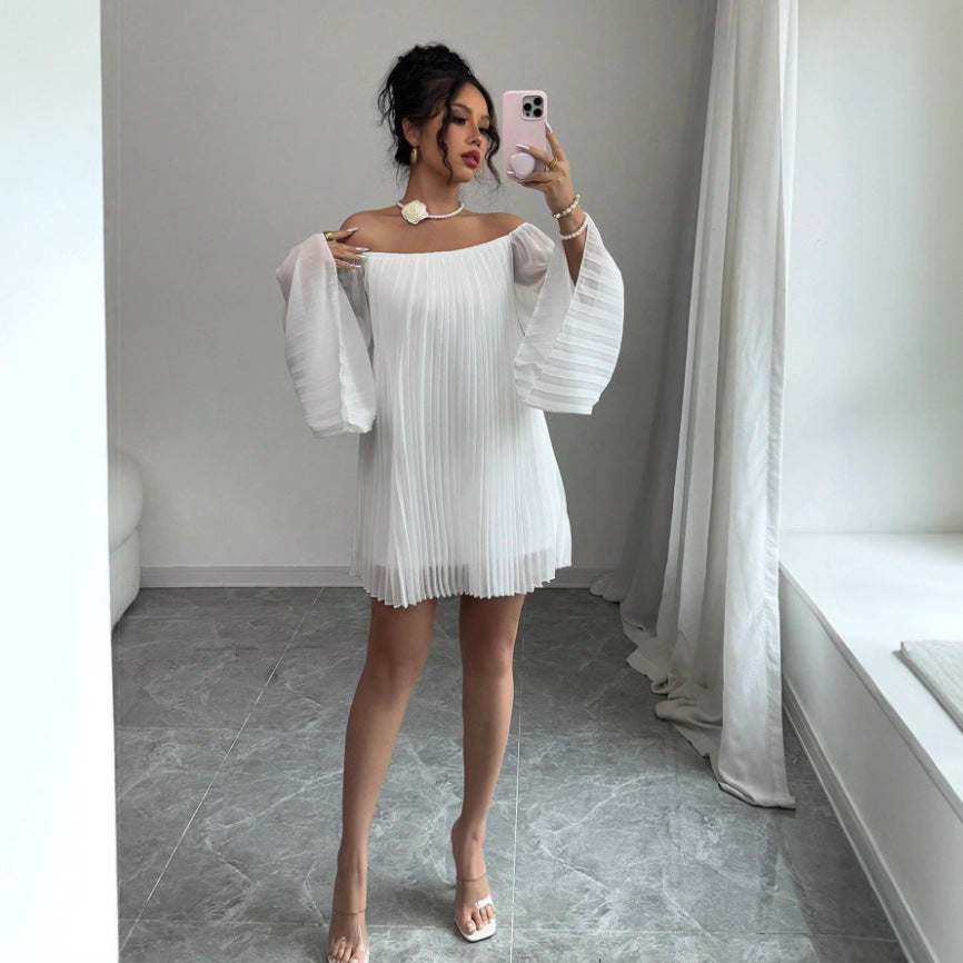 Womens Solid-Color Pleated French-Style Minimalist Off-Shoulder Dress