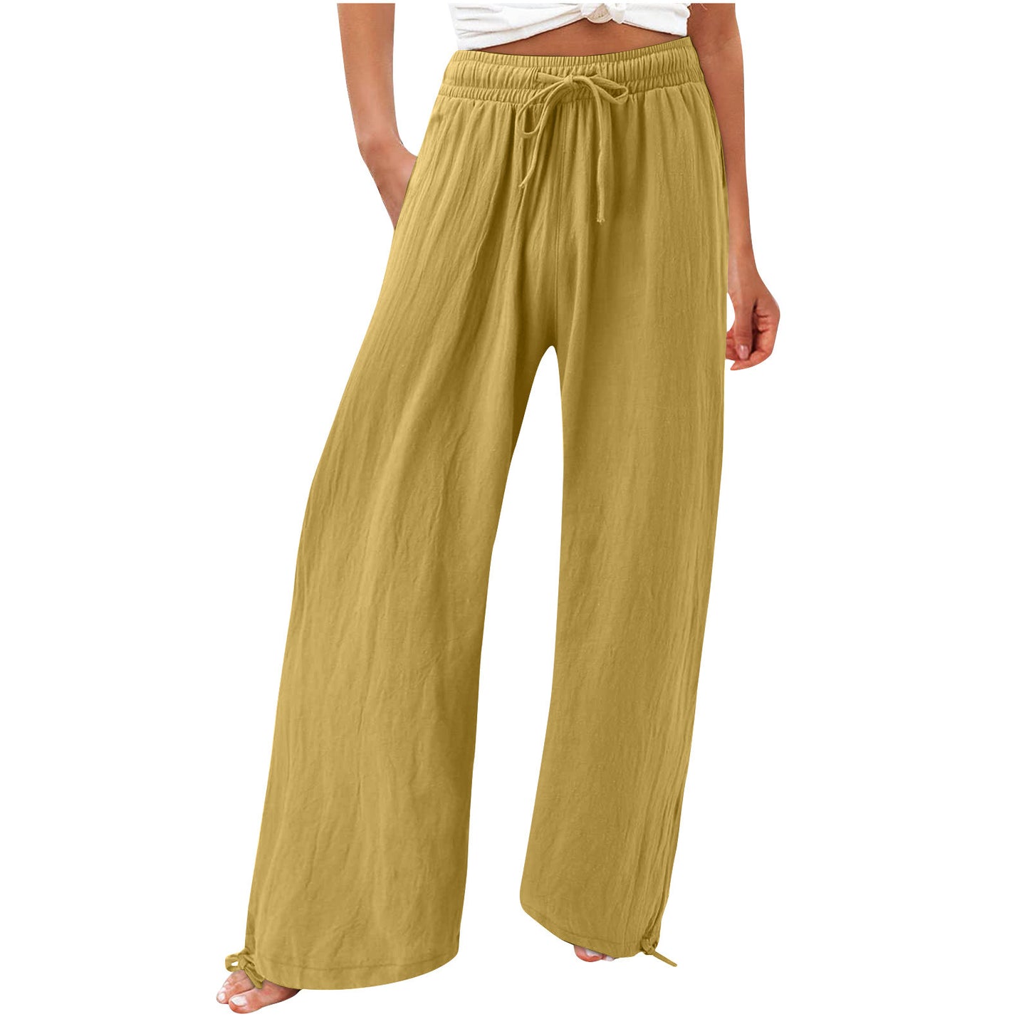 Womens Elastic Casual Solid-color Wide-leg Pants
