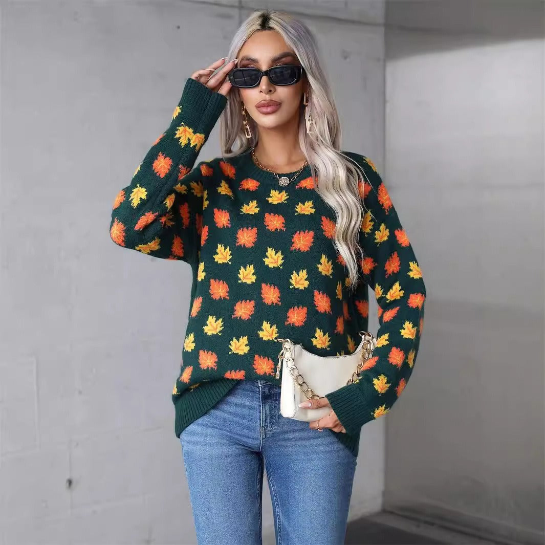 Maple Leaf Christmas Round Neck Hot Sweater