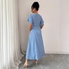 Elegant French-inspired High-end Blue V-neck Belted Maxi Dress