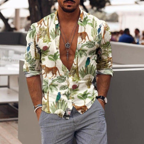 Camicia da uomo casual con stampa floreale, risvolto, per le vacanze