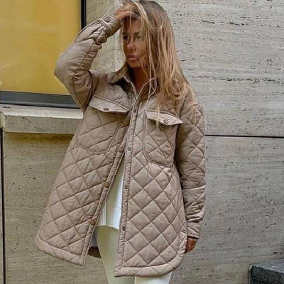 Long Breasted Lapel Loose Warm Diamond Cotton Coat New Autumn And Winter All-match Thick Cotton Coat For Women