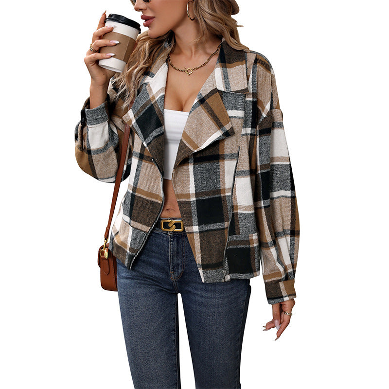 Brushed Cardigan Lapel Plaid European And American Ladies Coat
