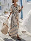 Summer Vacation V-Neck Womens Short-Sleeve Pleated Maxi Dress