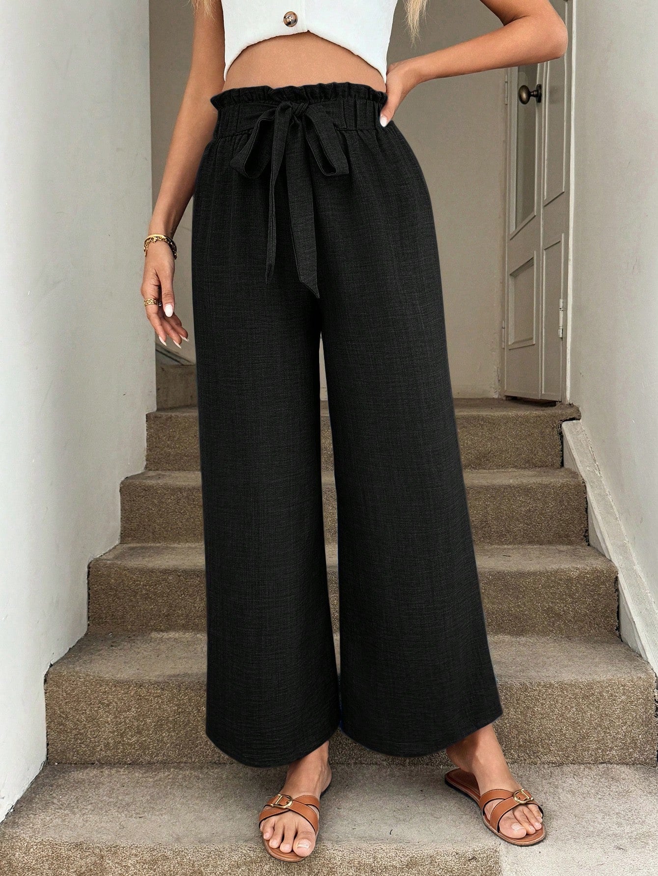 Pantaloni Larghi Casual da Resort con Fascia in Vita a Fiocco
