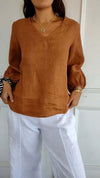 T-shirt da donna a maniche lunghe con scollo a V a tinta unita
