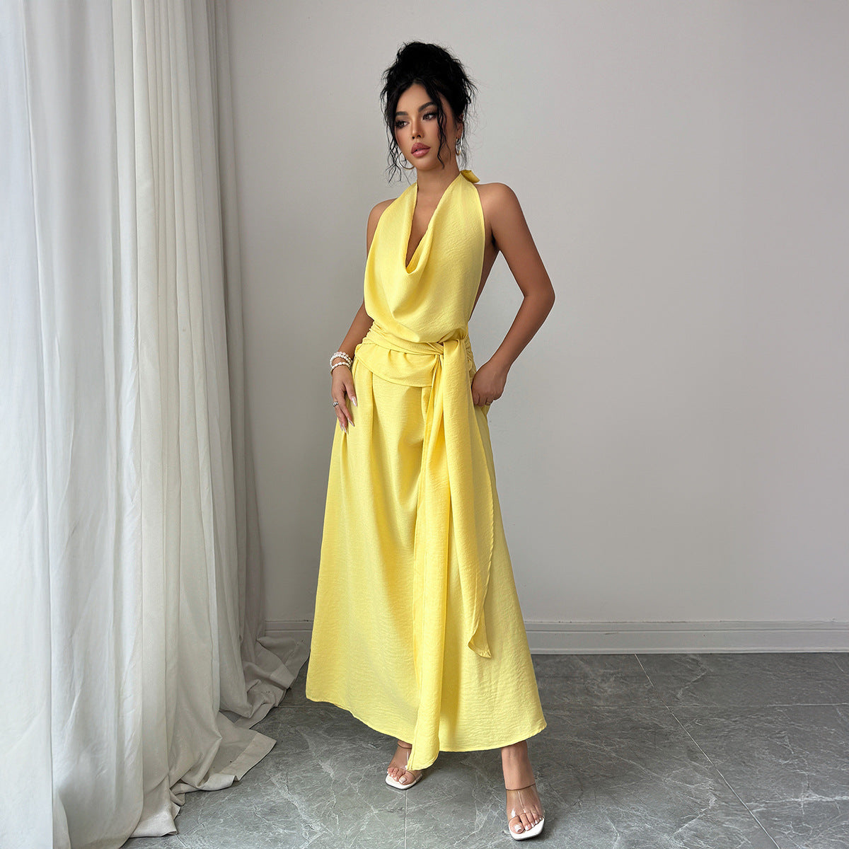 Womens Solid-Color Elegant French-Style Resort Halter Dress