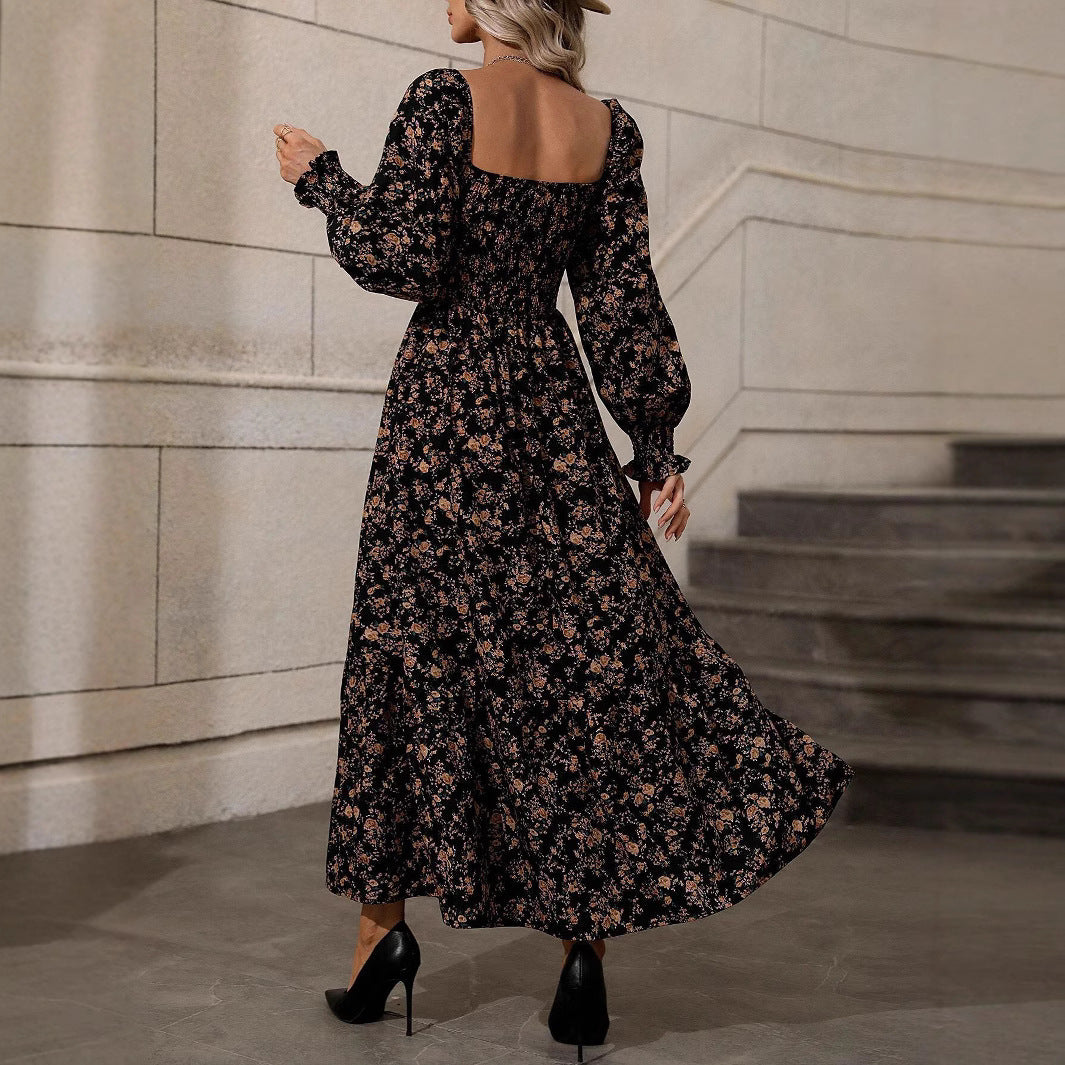 Womens Autumn Floral Square-Neck Long-Sleeve Dress
