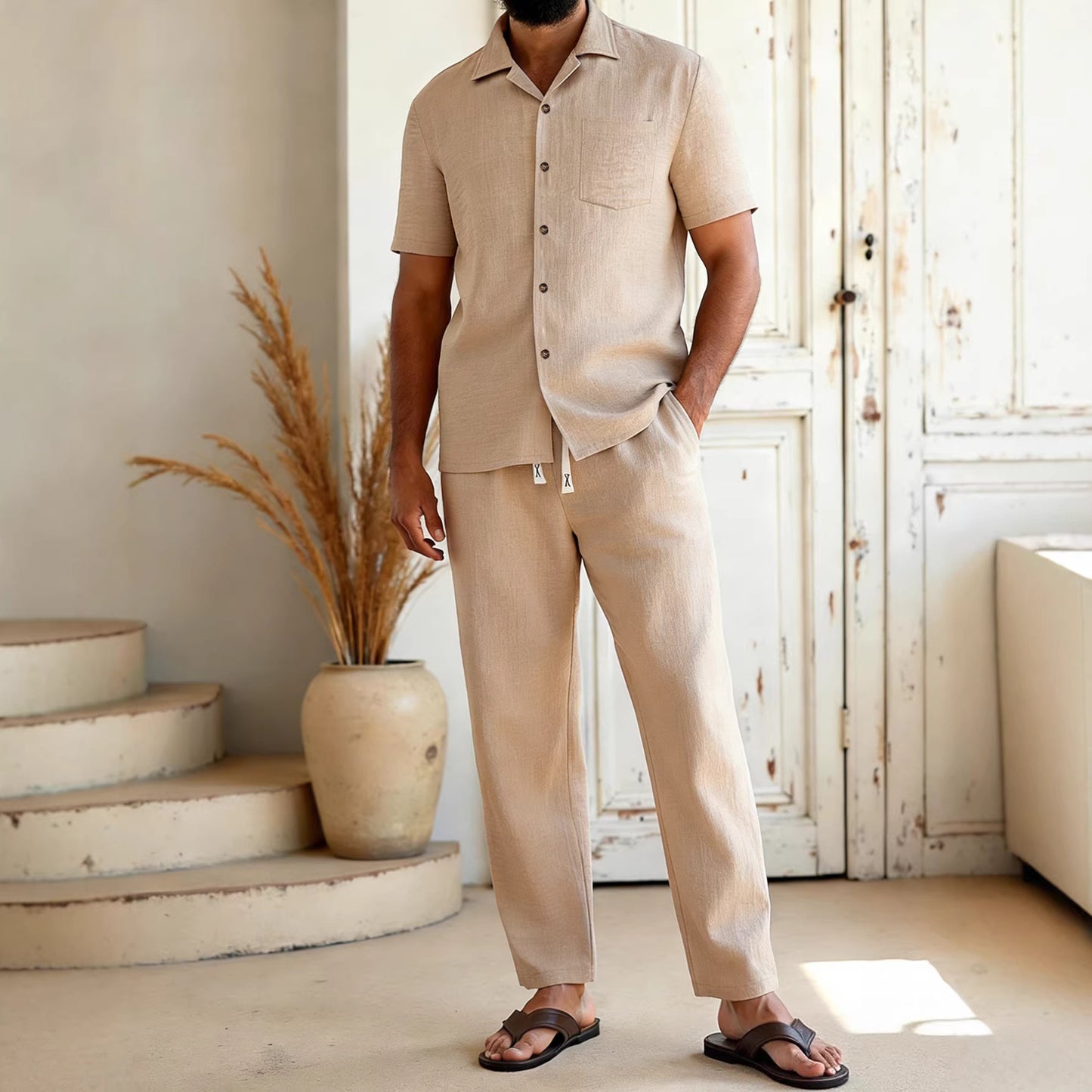Completo da uomo con camicia casual a tinta unita con risvolto e pantaloni