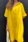 New Solid-color Casual Cotton-linen Long Dress With A Turn-down Collar And Buttons