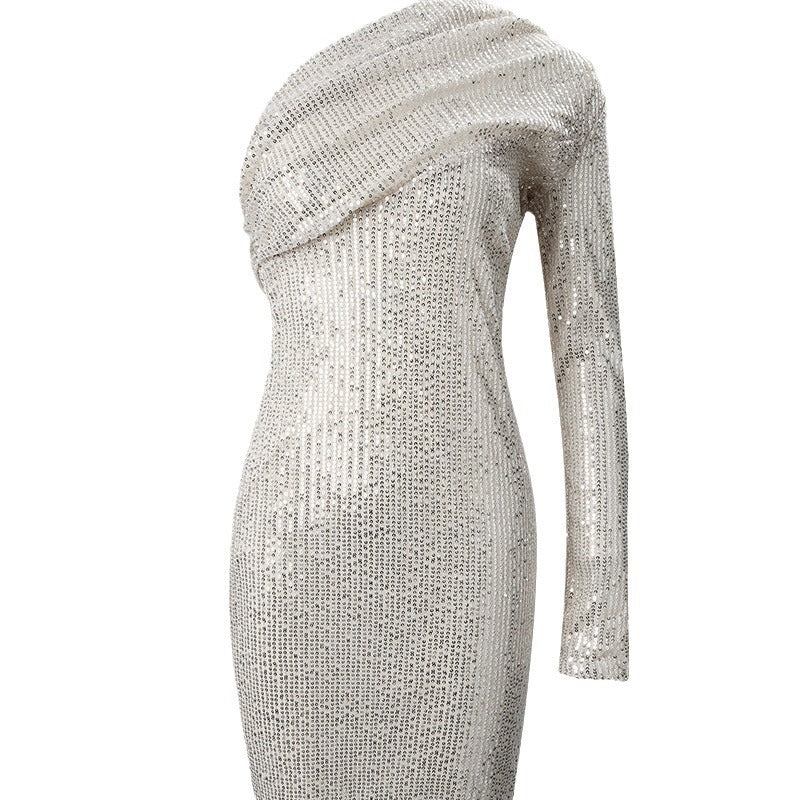 Abito Elegante Monospalla Argento con Paillettes