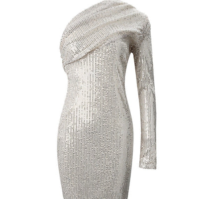 Abito Elegante Monospalla Argento con Paillettes