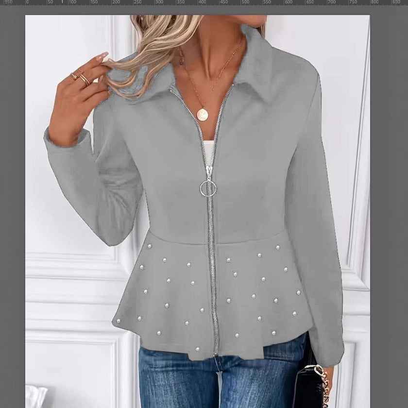 Women's Beaded Heavy-duty Zipper Ruffled Hem Coat