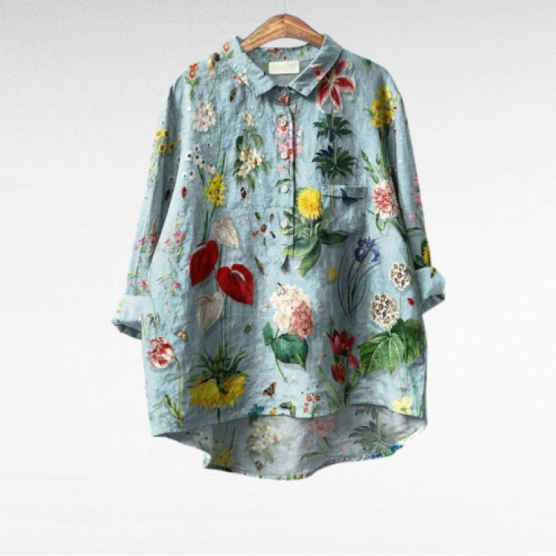 Camicia da donna estiva casual a maniche corte con stampa e colletto, taglia europea