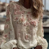 Top in lino ampio ricamato a rose, stile retrò bohémien