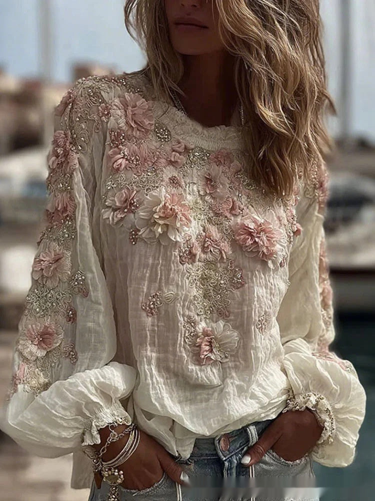 Top in lino ampio ricamato a rose, stile retrò bohémien