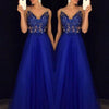 Abito lungo elegante blu in chiffon con perline e schiena scoperta a pois