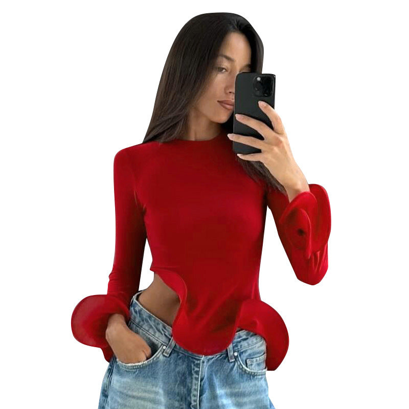 Women's Three-dimensional Plastic Ruffled Round Neck Flared Long-sleeved Top