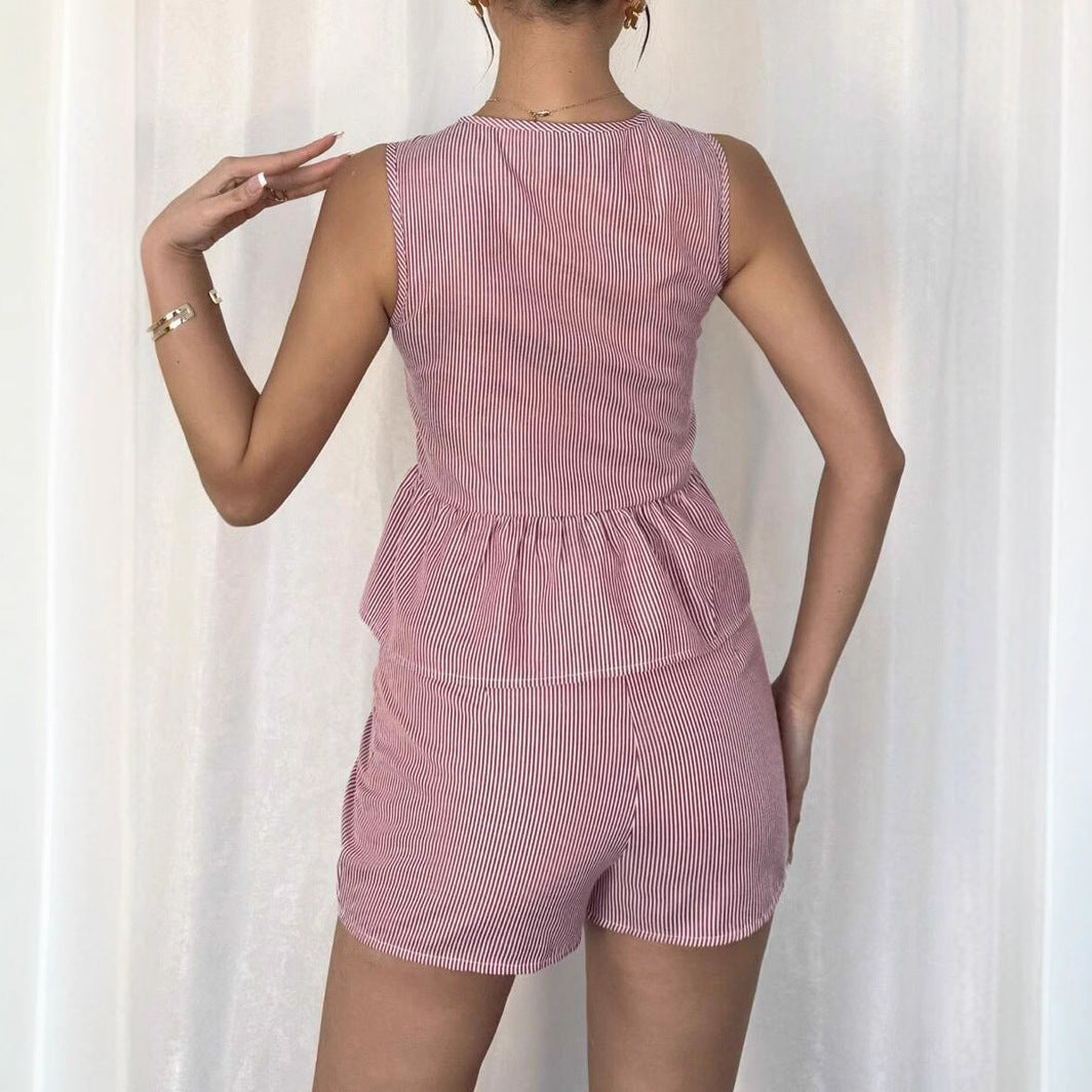 Womens Fashion Striped Short-Sleeve Bow-Knot Shorts Set