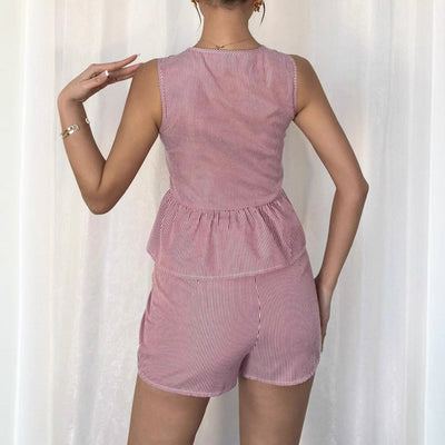 Womens Fashion Striped Short-Sleeve Bow-Knot Shorts Set