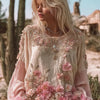 Top in lino ampio ricamato a rose, stile retrò bohémien