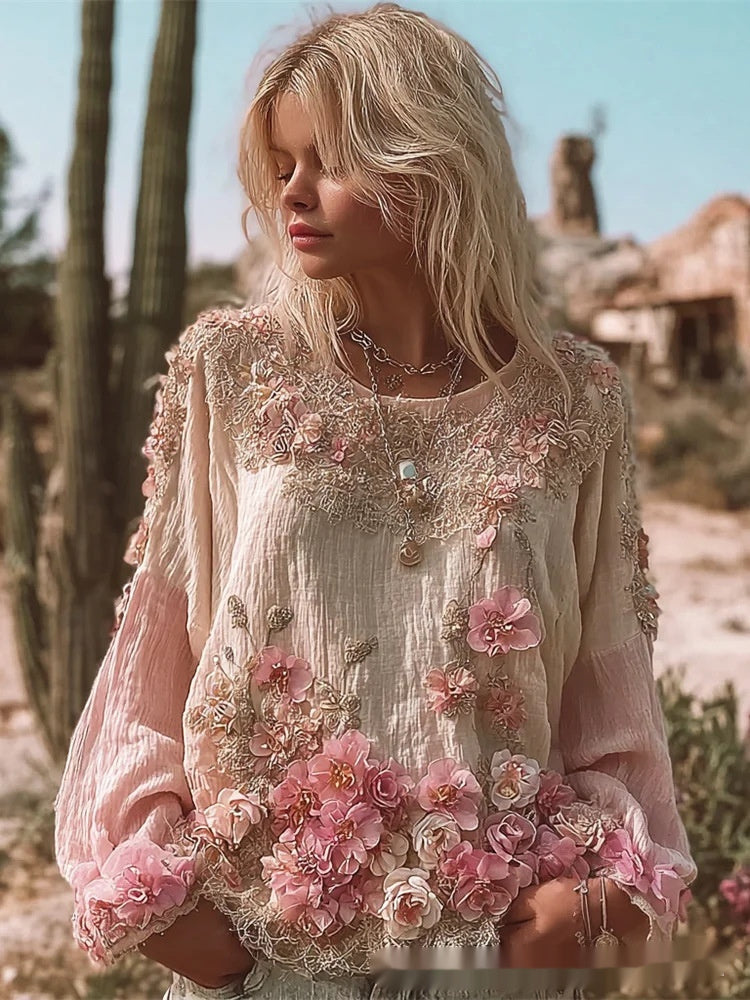 Top in lino ampio ricamato a rose, stile retrò bohémien