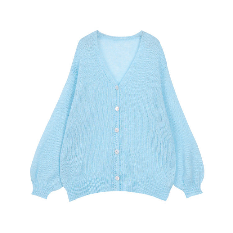 Solid Color And V-neck Knitted Solid Color Casual Cardigan Button Top Coat