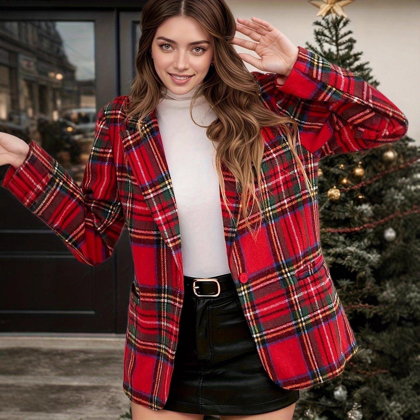 Cappotto a maniche lunghe a quadri rossi natalizi per autunno e inverno